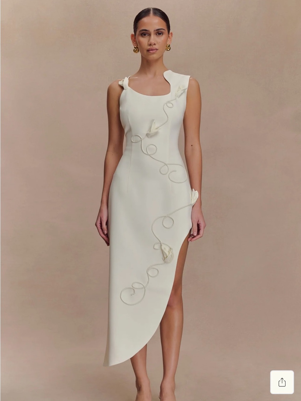 Meshki Cream Asymmetric Dress with Floral Swirl Detail